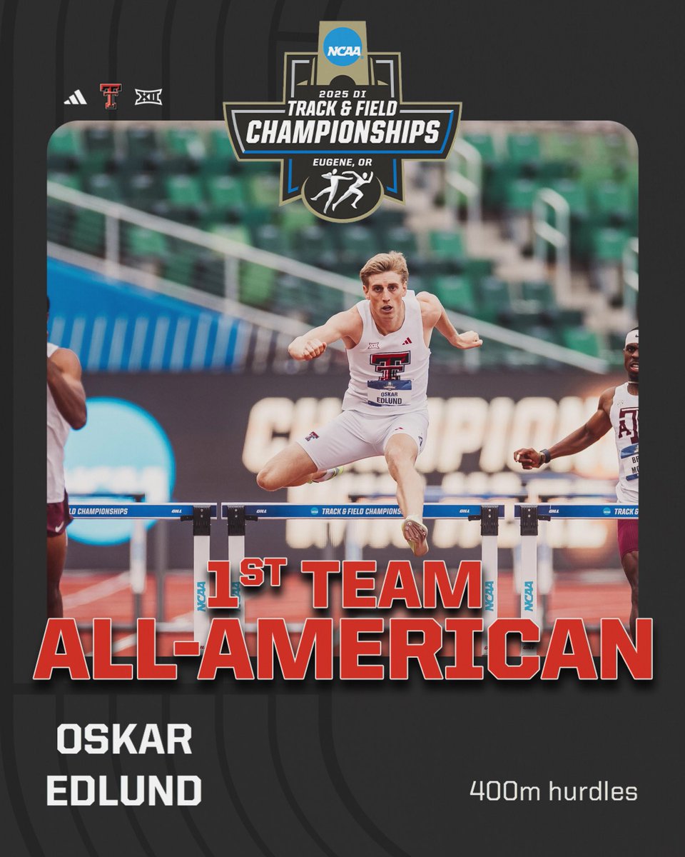 Oskar caps off his Red Raider career placing 4th in the 400mH with a time of 49.02 🫡

His 2nd straight 1st Team AA honor in the event 🤝