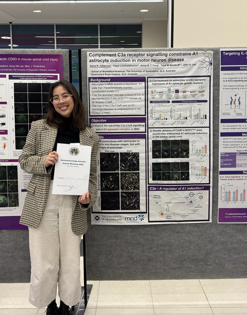 🎉 Another outstanding achievement! Our brilliant PhD student, Alana <a href="/alanajulianisya/">Alana Julianisya</a>, has been recognised with the Best Poster Award at the Neuroimmunology Australia Workshop. Keep up the exceptional work on MND, Alana! 👏
#NeuroimmunologyAustralia <a href="/NeuroimmOZ/">Neuroimmunology Australia</a> #MNDResearch
