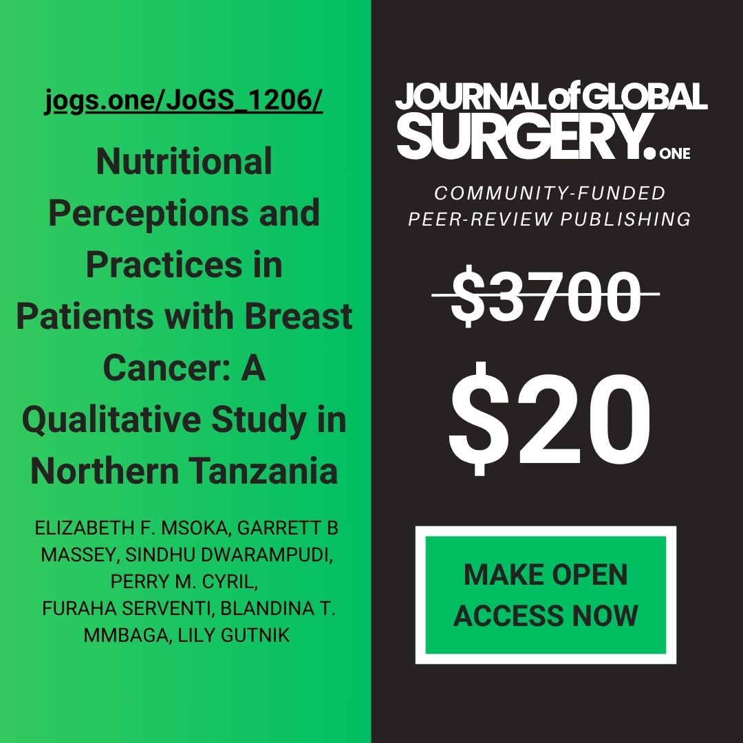 Just $20 in community contributions will make our latest peer-reviewed article open-access for everyone - a fraction of the $3,700 charged by other journals. Support ethical scientific publishing with the Journal of Global Surgery (ONE) and join our readership!