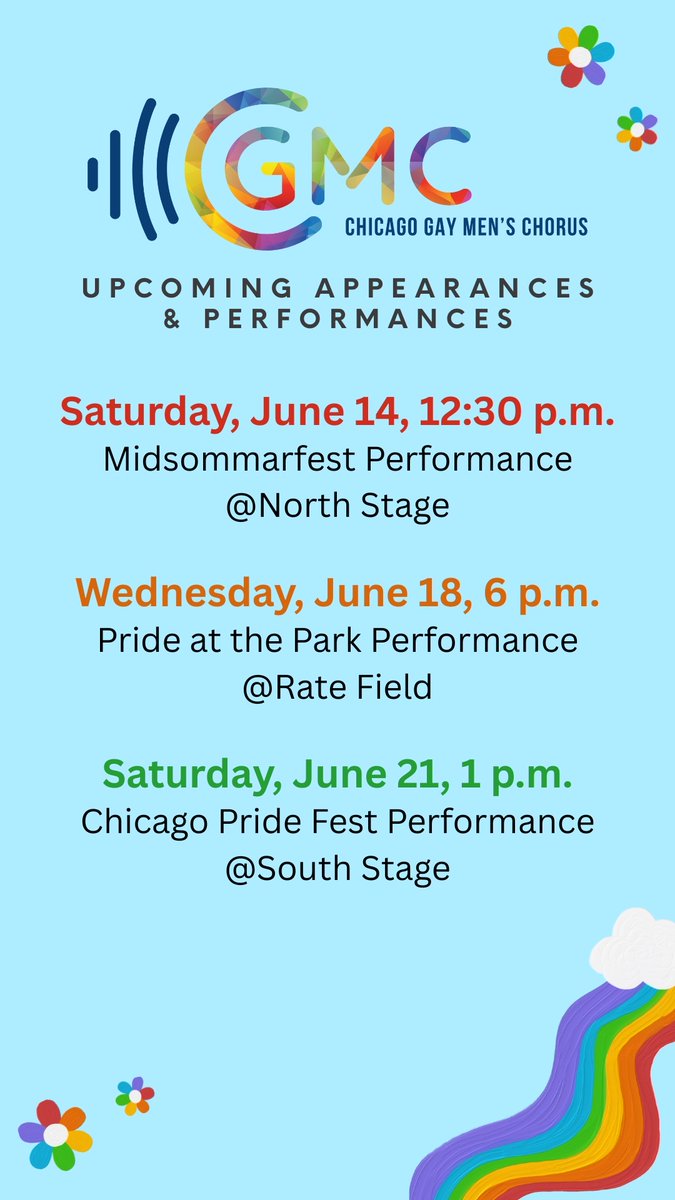 ChicagoGMC's tweet photo. Join CGMC this summer as we bring the Pride vibes all season long! Catch us performing hits from As If...the Gay '90s, singing the national anthem at Pride games, and marching loud and proud in the Chicago Pride Parade. Come celebrate with us! #Gaypride2025 #GayChicago https://t.co/OfveTzALVa