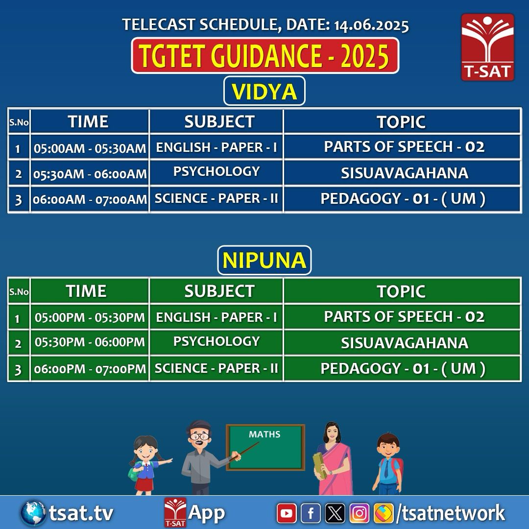 🎯TGTET Guidance - 2025 on T-SAT, dated 14.06.2025: T-SAT Telecast Schedule