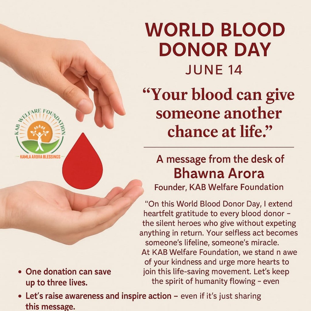 🩸 World Blood Donor Day | June 14
 On this World Blood Donor Day, we extend heartfelt gratitude to every blood donor — the silent heroes who give without expecting anything in return. 
🌐 kabwelfarefoundation.org

#KABWelfareFoundation #WorldBloodDonorDay #BlessedBhawna #MrSmiley