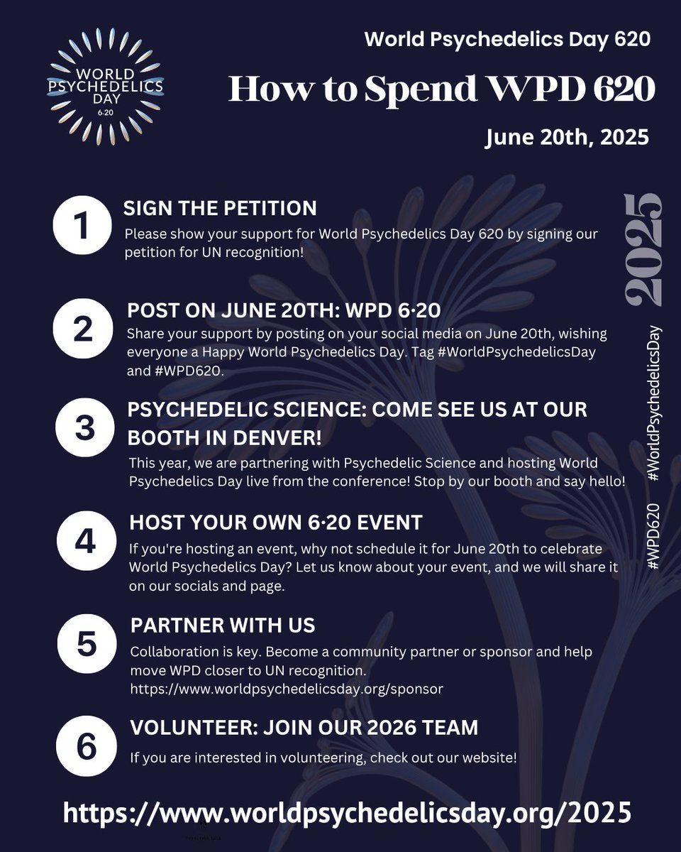 🌿 Wondering how to spend World Psychedelics Day?
WPD 6·20 is more than a date — it’s a global invitation to reflect, connect, and take part in the movement.

Explore ideas and events here
🔗 worldpsychedelicsday.org/2025

#WorldPsychedelicsDay #WPD620