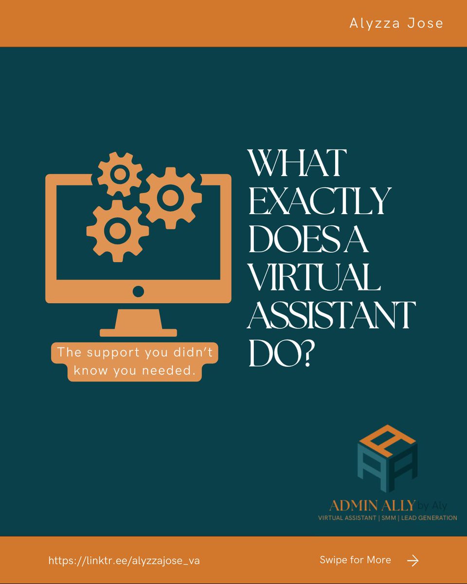 AlyzzaJose_va's tweet photo. “What exactly does a Virtual Assistant do?” 🤔
If you’ve ever asked this, you’re not alone!

Here’s a quick breakdown of how I help busy entrepreneurs get their time back:

✅ Manage emails &amp; calendars
✅ Handle admin + client support
✅ Run your social media https://t.co/KPQT4mviDz