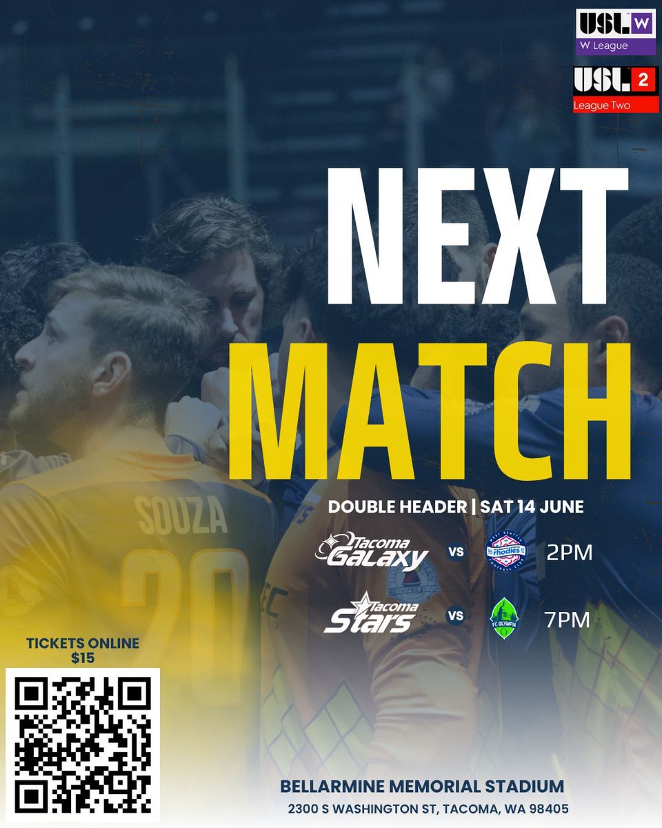 Next up is a soccer Saturday at Bellarmine Memorial Stadium as we host a double header.

📆 Saturday, June 14th
📍 Bellarmine Memorial Stadium (2300 S Washington St, Tacoma, WA 98405)
🎟️ Online and at the gate

⚽ 2pm: (W) Tacoma Galaxy🆚 West Seattle Rhodies
⚽ 7pm: (M) Tacoma
