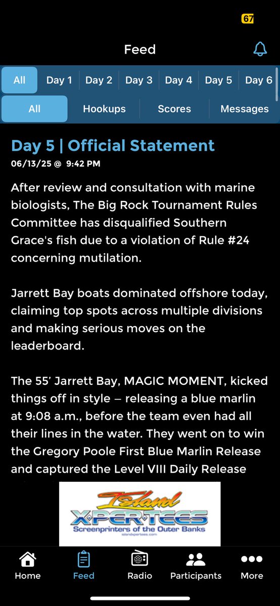 Breaking: the Big Rock Tournament officially disqualifies the marlin caught by Southern Grace due to the mutilation of the fish. 

Lizzie Montague and Bankwalker remain in first place heading into the final day of fishing at Big Rock 2025.