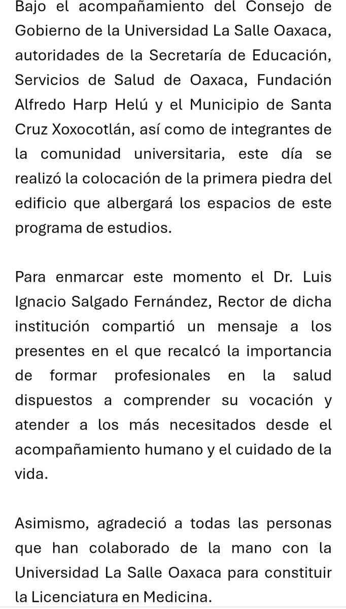 rotativooaxaca's tweet photo. Realiza Universidad @LaSalle_Oaxaca la colocación de la 1ª piedra del edificio de la Licenciatura en Medicina.
 🔵 Este acto simbólico incorpora un nuevo programa de estudios a la Escuela de Ciencias de la Salud de la Universidad. https://t.co/eXssVUi0Gq