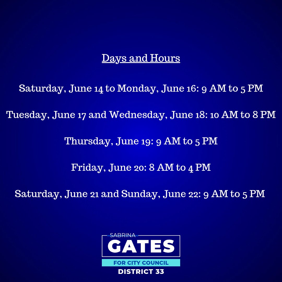 Early Voting starts Saturday June 14th to June 22nd. Remember to make your First Choice as your next Council Member of the 33rd Councilmatic District, SABRINA GATES