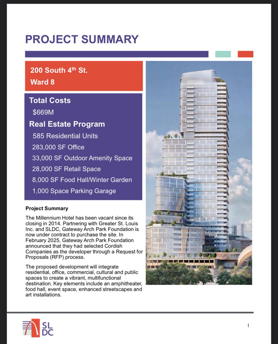 A Development Proposal Report has been submitted to <a href="/DevelopStLouis/">St. Louis Development Corporation (SLDC)</a> by <a href="/cordishco/">Cordish Companies</a> and <a href="/GatewayArchPark/">Gateway Arch Park Foundation</a> for the $669 million Millenium Hotel project.