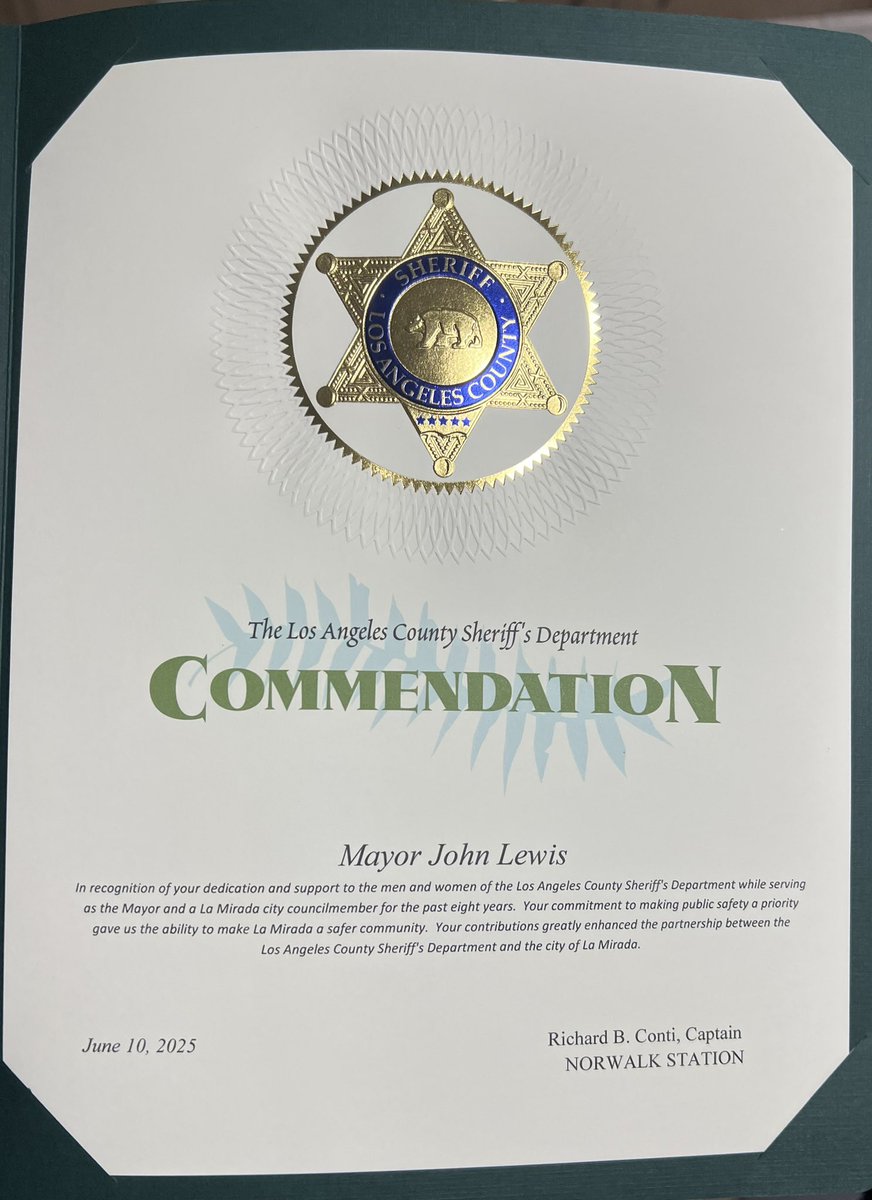 Thanks to our Sheriff’s Dept. For all the support they provide to this City and to Captain Rick Conti for the Commendation. #ShiningCityOnAHill.