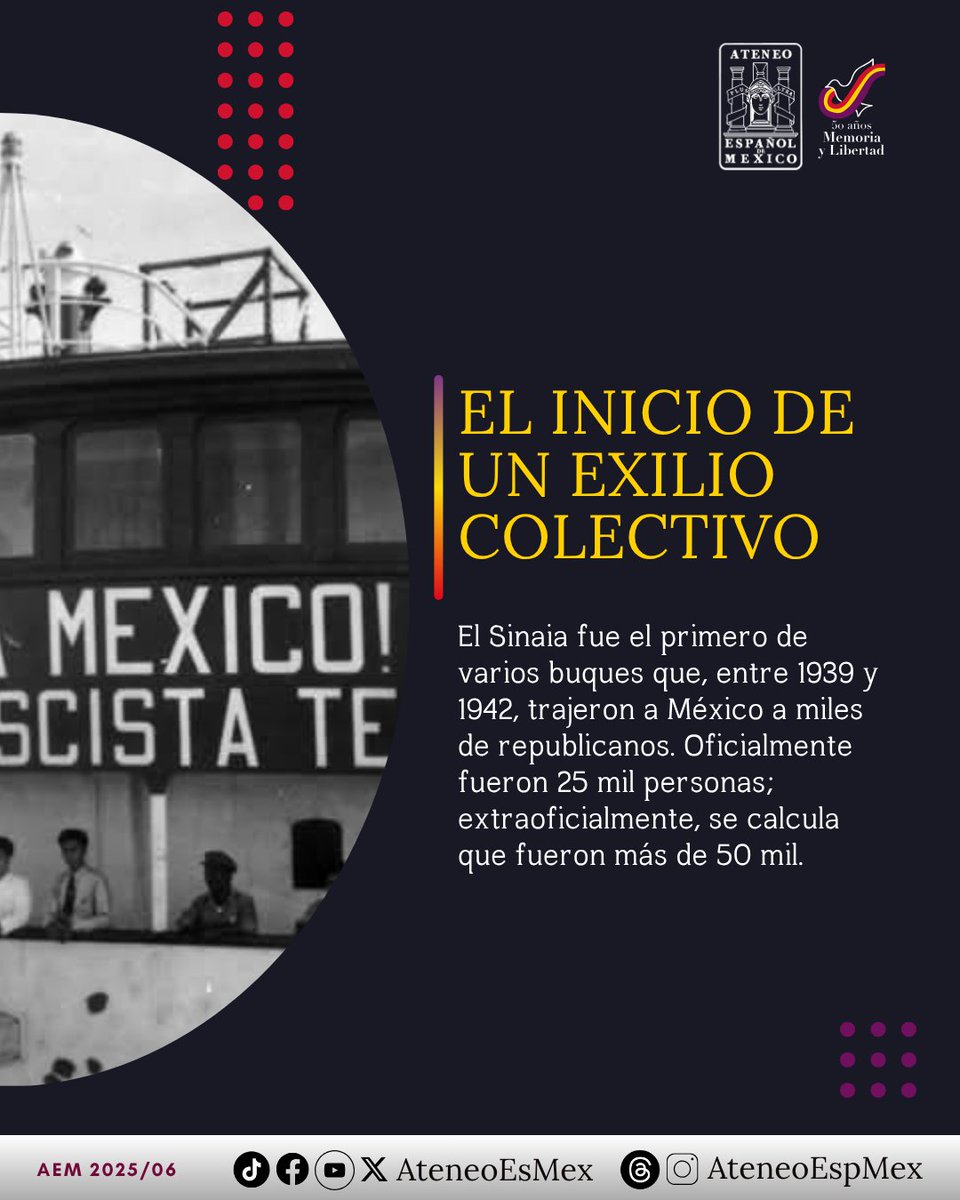 📅 Un día como hoy, arriba a Veracruz el buque Sinaia, símbolo del exilio republicano español en México. 

A bordo, esperanza, dignidad y futuro. 

Su llegada a Veracruz marcaría el comienzo de una historia de libertad, memoria y acogida. 

#ExilioRepublicano #13dejunio❤️💛💜