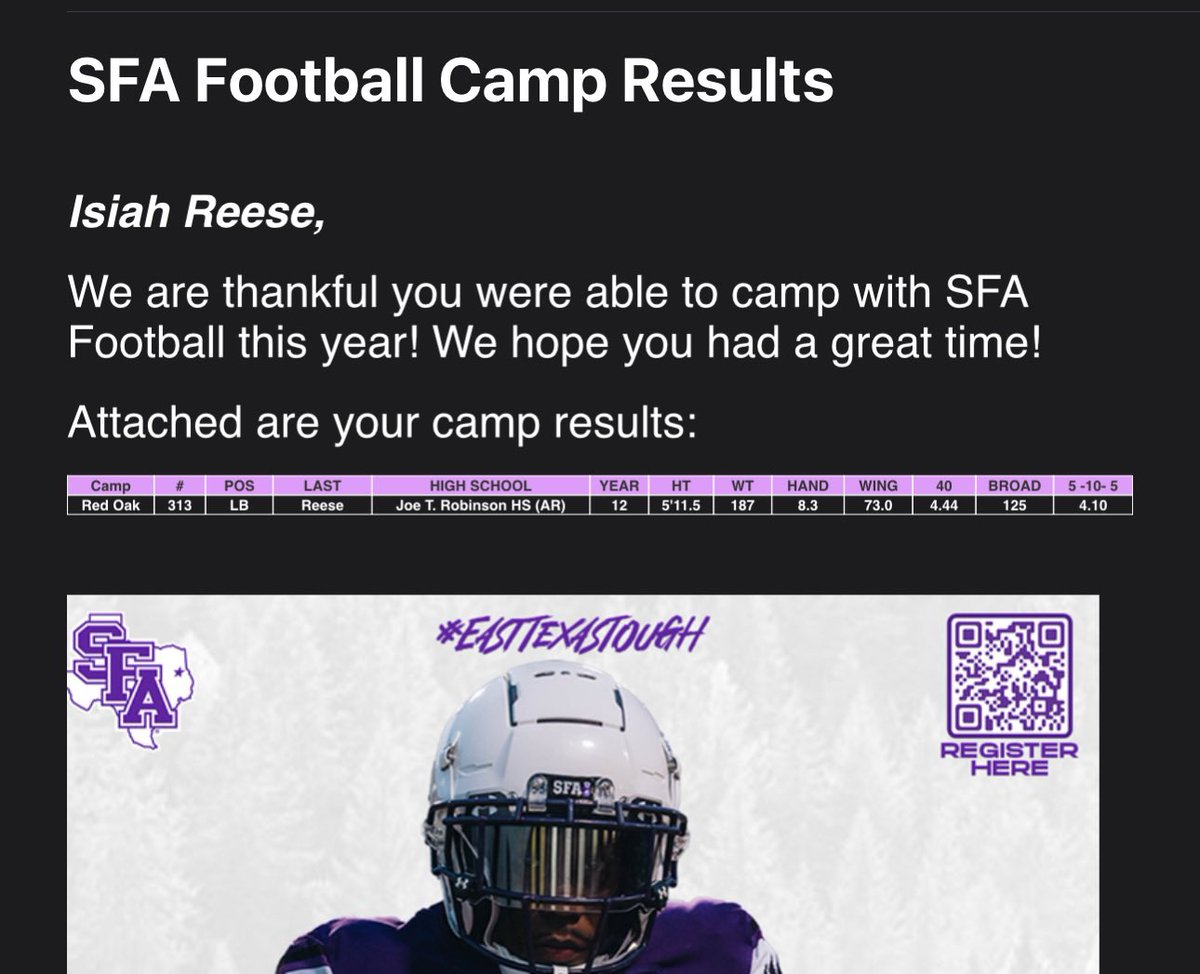 TankIsiah's tweet image. Thank @SFA_Football for inviting me to your satellite camp @CoachRBolden @Senator_Pride @DWhoolery @Coach_RogersSFA @PrepRedzoneAR @sixstarfootball @Rivals @ArRecruitingGuy