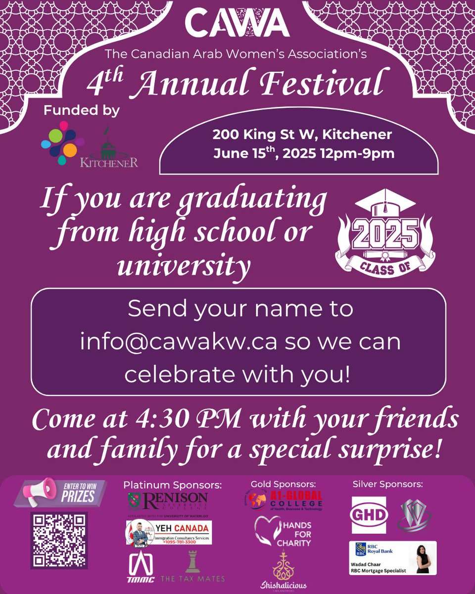 🎓 Calling all 2025 grads! 🎓  
Are you graduating from high school or university this year? We want to celebrate YOU!  
Send your name to info@cawakw.ca and join us for a special grad celebration at 4:30 PM during CAWA’s 4th Annual Festival!