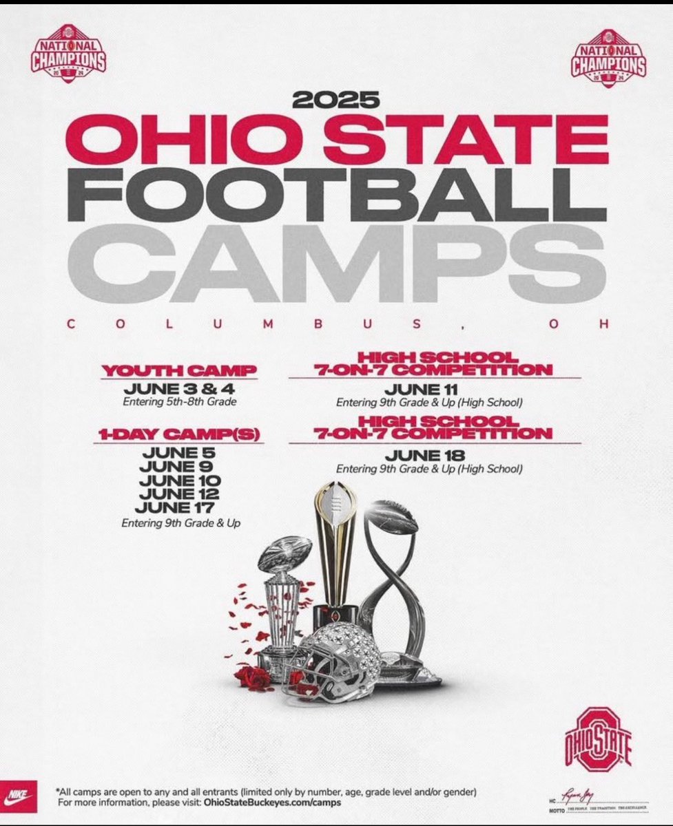 I will be attending OHIO STATE Football camp June 17th!!!!!!@OhioStateFB 🏈🏈🔴🌰<a href="/CoachWillD1/">Coach Will D</a> <a href="/ryandaytime/">Ryan Day</a> <a href="/OGWalt_/">Tim Walton</a> <a href="/JaredLuginbill/">Jared Luginbill</a> <a href="/eerric09/">Coach Eric Price</a> <a href="/mickdwalker/">Mick Walker</a> <a href="/nickmurphy/">nickmurphy</a>