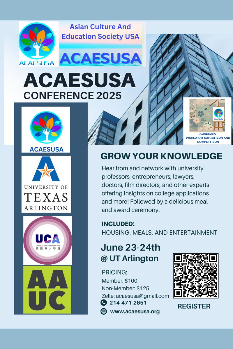 ACAESUSA's tweet photo. 📣 Join Us at the ACAESUSA Conference 2025! 🌏📚
Hosted by Asian Culture And Education Society USA in partnership with UT Arlington, UCA, and AAUC
📅 June 23–24, 2025
📍 University of Texas at Arlington https://t.co/woUz8sSyqD
