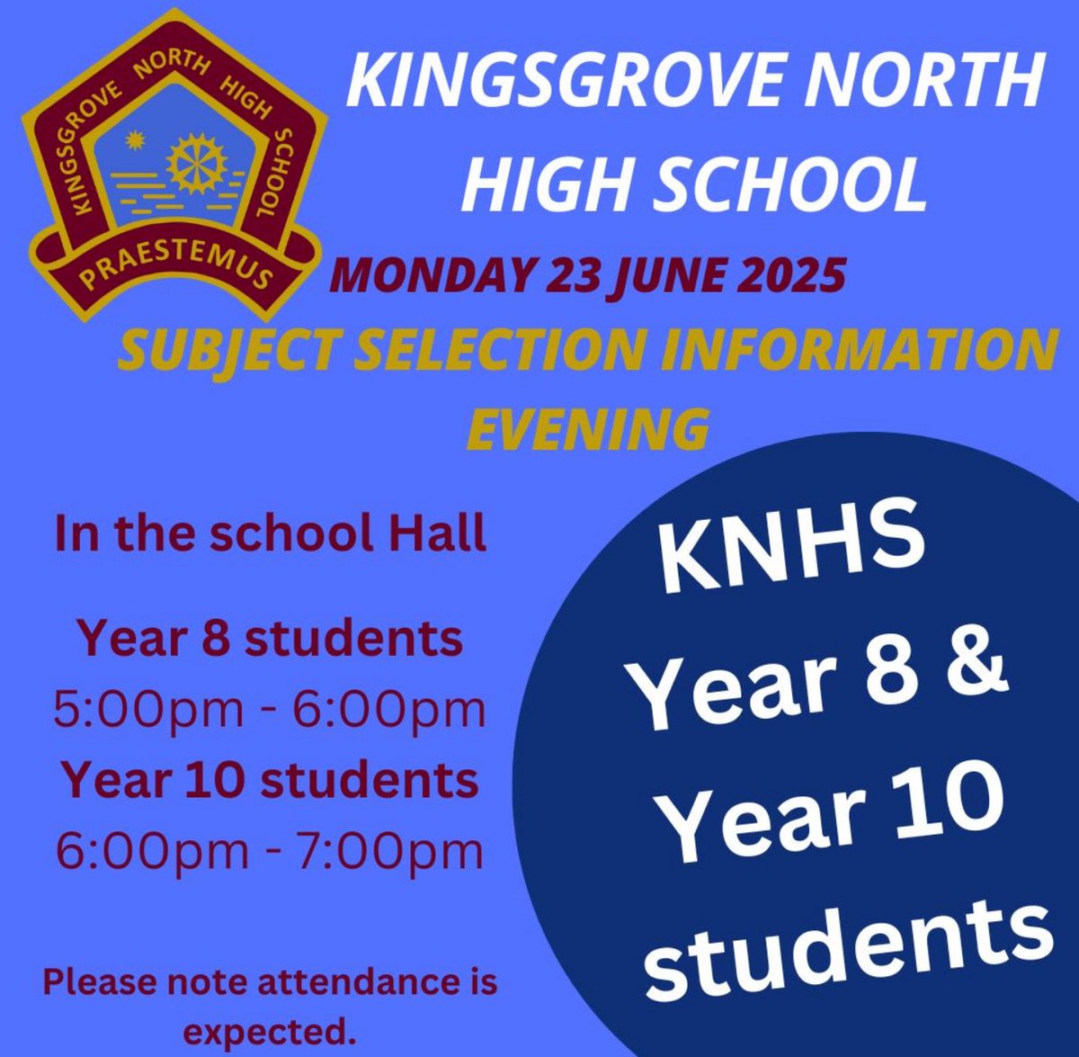 Subject Selection Evening – Monday 23rd June

A reminder that our Subject Selection Evening will be held on Monday 23rd June in the school hall.

🕔 Year 8 Session: 5:00pm – 6:00pm
🕕 Year 10 Session: 6:00pm – 7:00pm