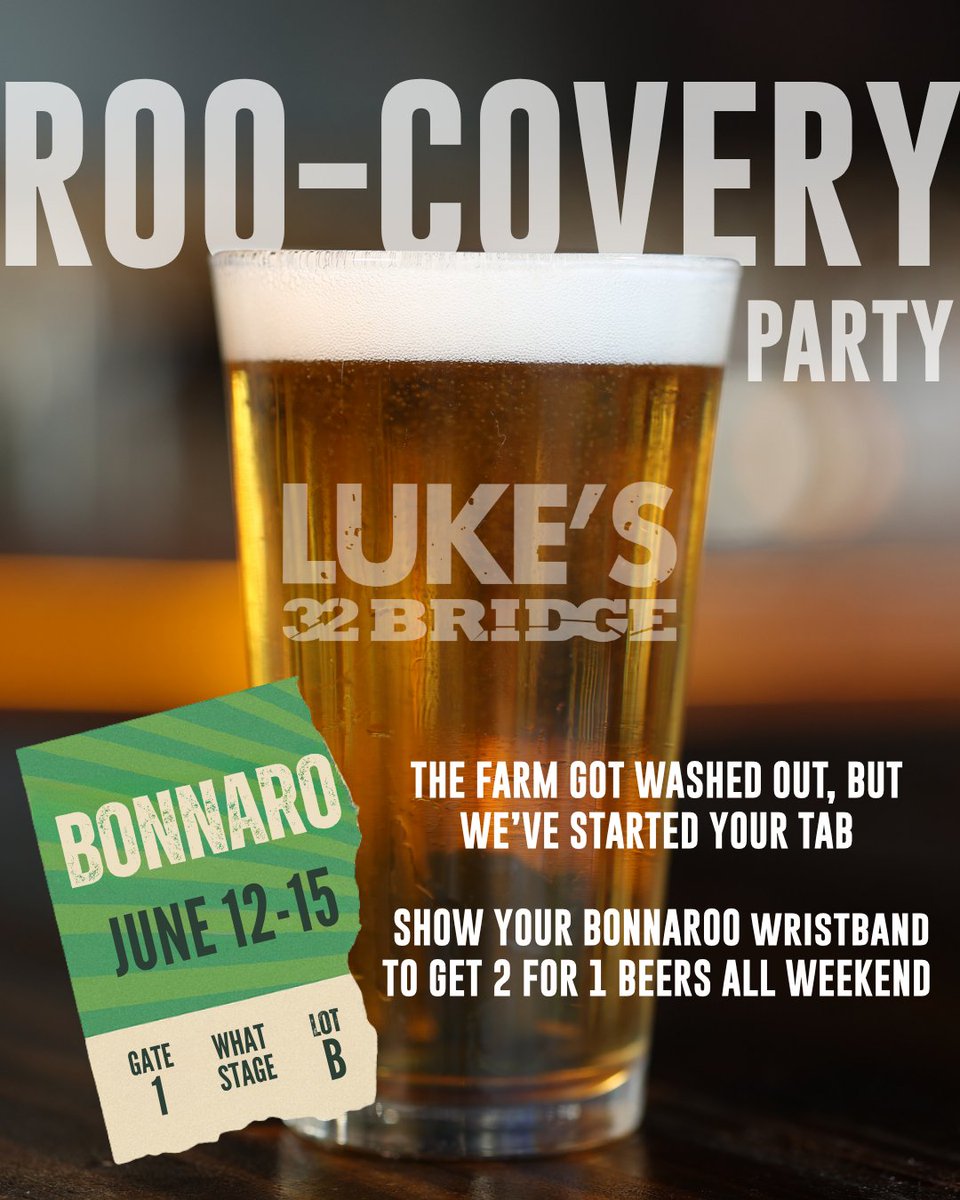 Rain is a good thing 🌧️🍻 it might be a wash on bonnaroo, but we’ve started your tab. Show your Bonnaroo wristband this weekend at Luke’s &amp; get 2-for-1 beers all weekend! #Lukes32Bridge #Bonnaroo #Raincheck