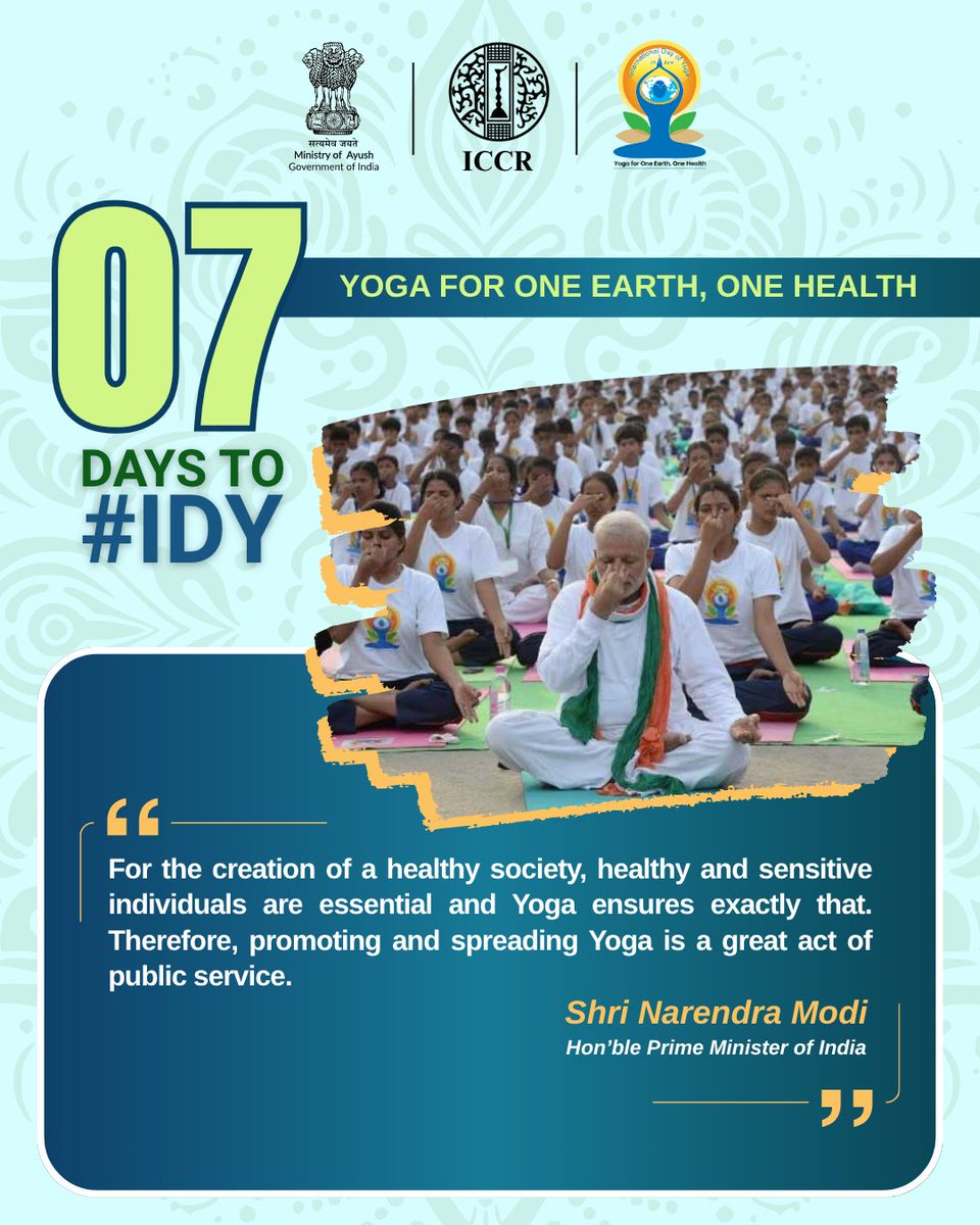 ICCR (@iccr_hq) on Twitter photo Only 07 days to go for International Day of Yoga 2025!
Join the Indian Council for Cultural Relations (ICCR) in celebrating Yoga as India’s gift to global harmony and well-being.
<a href="/narendramodi/">Narendra Modi</a> <a href="/PMOIndia/">PMO India</a> <a href="/DrSJaishankar/">Dr. S. Jaishankar</a> <a href="/gssjodhpur/">Gajendra Singh Shekhawat</a> <a href="/mpprataprao/">Prataprao Jadhav</a> <a href="/PmargheritaBJP/">Pabitra Margherita</a> <a href="/KVSinghMPGonda/">Kirti Vardhan Singh</a> Only 07 days to go for International Day of Yoga 2025!
Join the Indian Council for Cultural Relations (ICCR) in celebrating Yoga as India’s gift to global harmony and well-being.
<a href="/narendramodi/">Narendra Modi</a> <a href="/PMOIndia/">PMO India</a> <a href="/DrSJaishankar/">Dr. S. Jaishankar</a> <a href="/gssjodhpur/">Gajendra Singh Shekhawat</a> <a href="/mpprataprao/">Prataprao Jadhav</a> <a href="/PmargheritaBJP/">Pabitra Margherita</a> <a href="/KVSinghMPGonda/">Kirti Vardhan Singh</a>