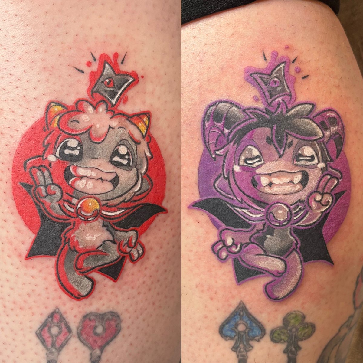 Breaking my vow of silence here because I love <a href="/cultofthelamb/">Cult of the Lamb</a> and I wanna show you all these matching tattoos of our beloved Unholy Alliance I did today 🐐🐑