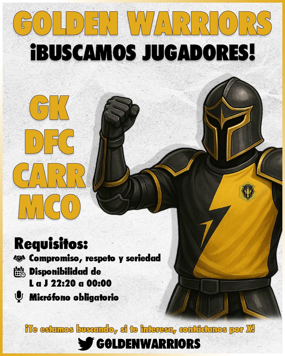 GOLDEN WARRIORS (@g0ldenwarriors) on Twitter photo 👀Buscamos jugadores
Si todavía no tienes equipo y te interesa probar con nosotros, ¡mándanos un md!📥
Escuchamos en todas las posiciones.
<a href="/_chocolate3000/">AYUDAS FIFA CHOCO3K🐦</a> <a href="/AyudaInfoClubes/">AYUDA • INFO • 3️⃣0️⃣0️⃣0️⃣</a> <a href="/Ayuda_ClubesPro/">Clubes</a> 👀Buscamos jugadores
Si todavía no tienes equipo y te interesa probar con nosotros, ¡mándanos un md!📥
Escuchamos en todas las posiciones.
<a href="/_chocolate3000/">AYUDAS FIFA CHOCO3K🐦</a> <a href="/AyudaInfoClubes/">AYUDA • INFO • 3️⃣0️⃣0️⃣0️⃣</a> <a href="/Ayuda_ClubesPro/">Clubes</a>