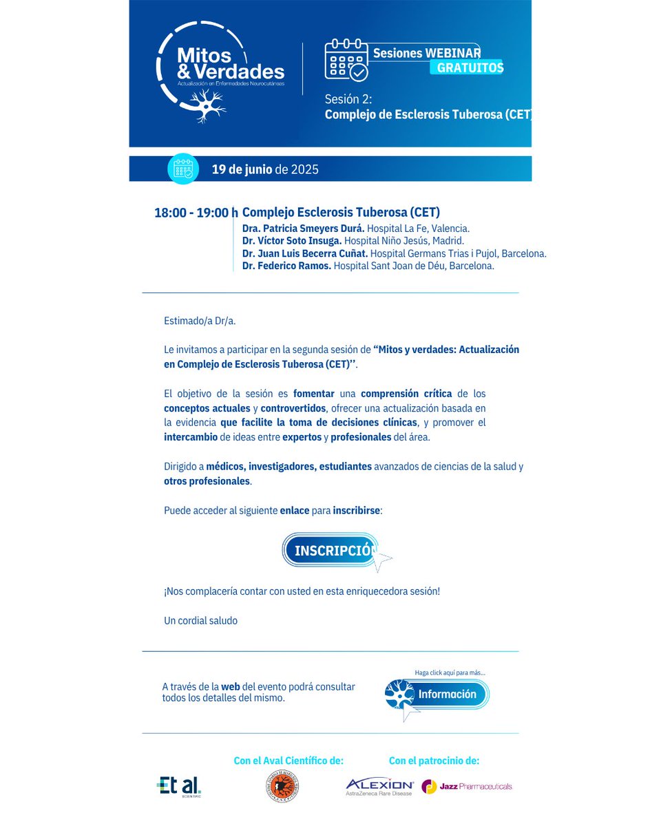 🟠 Con aval <a href="/senep_es/">SENEP</a>
📍WEBINAR "Mitos y Verdades: Actualización en Enfermedades Neurocutáneas": Complejo Esclerosis Tuberosa | Dra. Patricia Smeyers, Dr Victor Soto, Dr Juan Luis Becerra, y Dr Federico Ramos
🗓️ 19 de junio, 18h
💻 On line y gratuito
register.gotowebinar.com/register/89169…