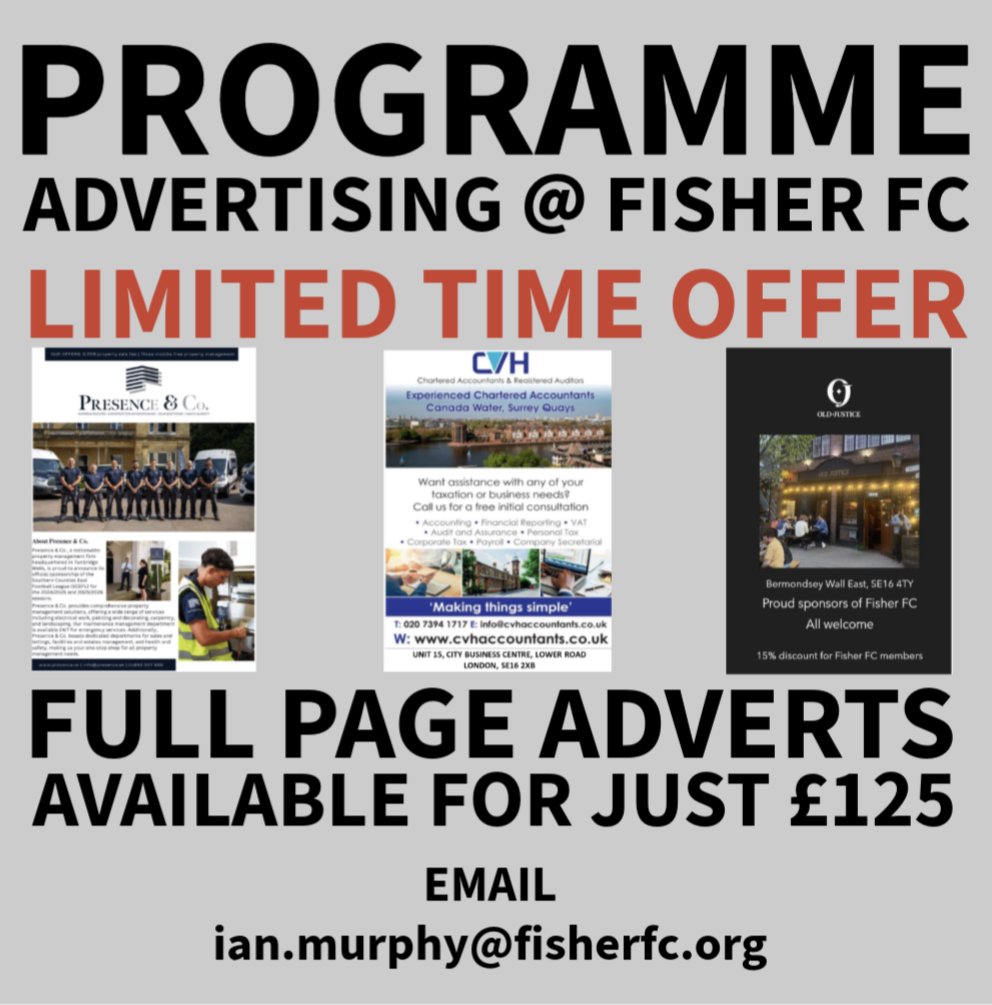 FisherFC's tweet photo. CALLING #SE16 #SE1 #SE8 #SE14 #SE15 #SE17 BUSINESSES! Our first Pre-Season Friendly is just three weeks away. We have a limited number of Advertising Spaces in our Match Day Programme, and they're available for as little as £125 for the full season. Email ian.murphy@fisherfc.org https://t.co/bIYY1UGJqS