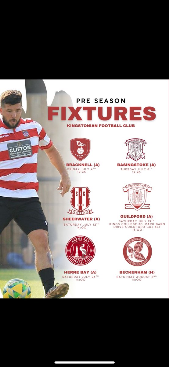 Kingstonian FC (@kingstonianfc) on Twitter photo Pre season is just round the corner, our first pre season friendly away to <a href="/BracknellTownFC/">Bracknell Town FC</a> on FRIDAY NIGHT . Be great to see as many supporters there as possible 🇦🇹 Pre season is just round the corner, our first pre season friendly away to <a href="/BracknellTownFC/">Bracknell Town FC</a> on FRIDAY NIGHT . Be great to see as many supporters there as possible 🇦🇹