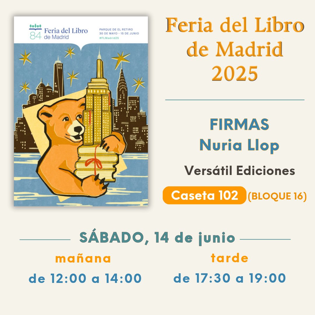 Último fin de semana de Feria y allí estaré hoy sábado. Como me lo iba a perder? 
Me encontrarás en la caseta 102, de Ediciones Versátil. Horario 👇👇