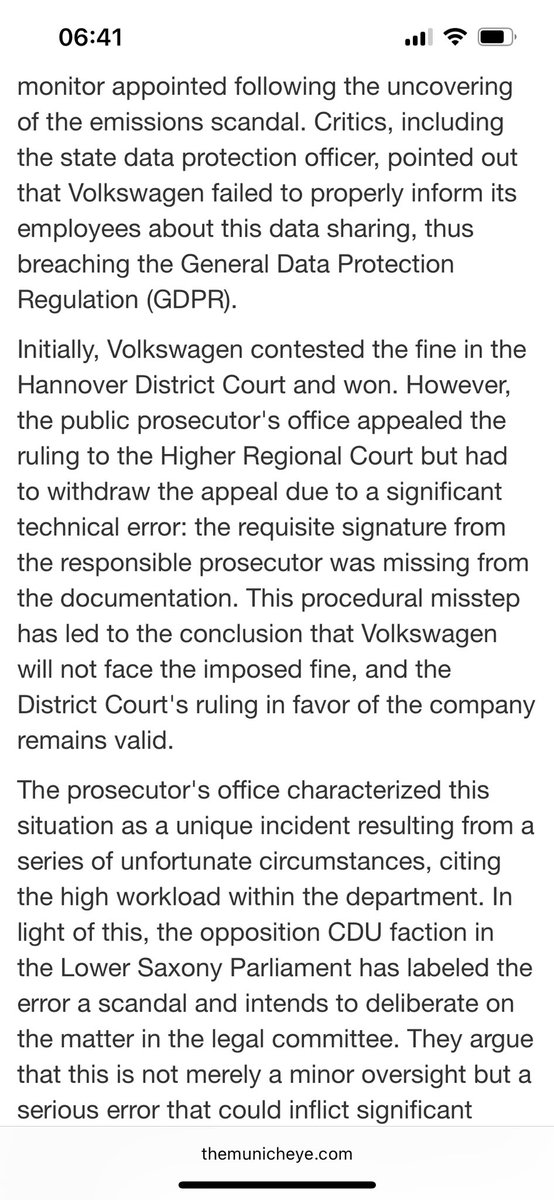 For the want of a nail the shoe was lost. 

For the want of a signature the €4.3m GDPR fine against VW was lost. 

themunicheye.com/volkswagen-esc…