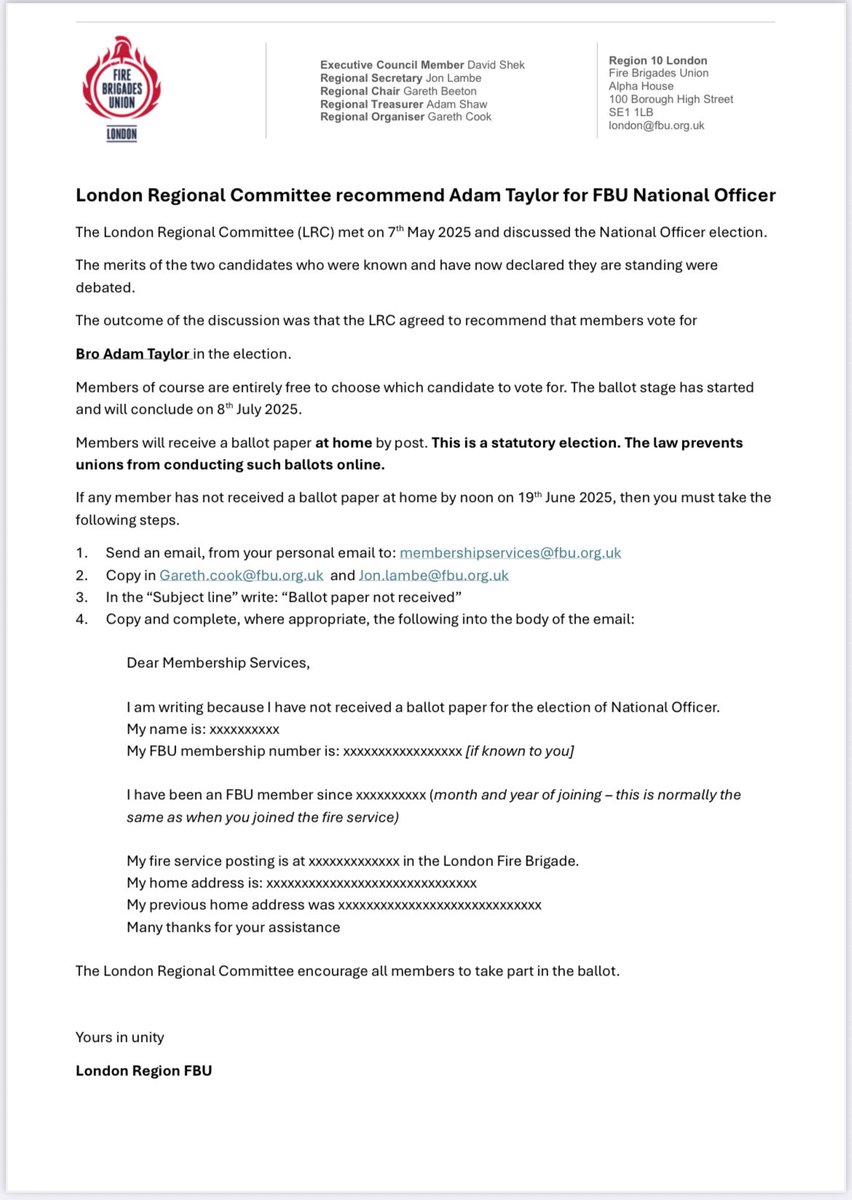 The London Regional Committee recommend Bro Adam Taylor for National Officer