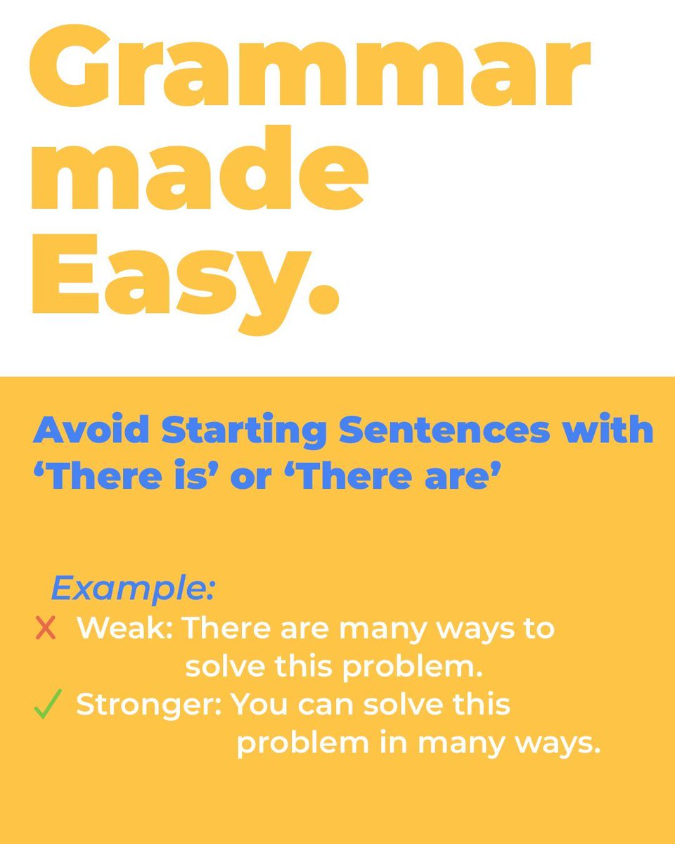kalvielearning's tweet image. Starting a sentence with “There is” or “There are” makes it weaker. Instead, rewrite it to put the main subject first.
✏ Example:
❌ There are many benefits to reading.
✅ Reading has many benefits.
#GrammarMatters #WritingTips #GrammarHelp #EnglishLessons