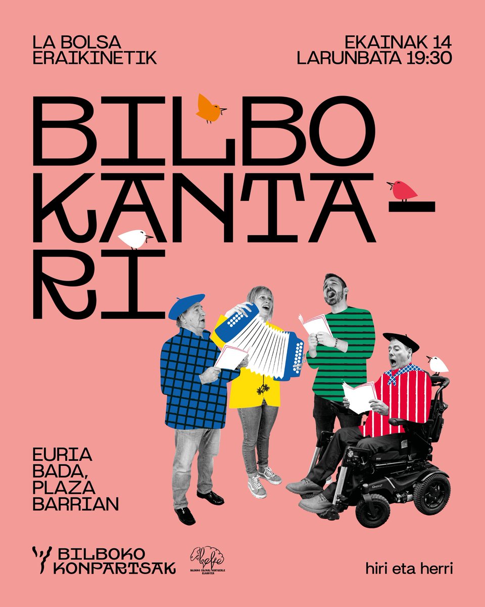 Bilbo Kantari! Etor zaitez abestera!

📍La Bolsa eraikinetik
(euria egitekotan, Plaza Barrian)
🗓 GAUR, ekainak 14
🕢 19:30