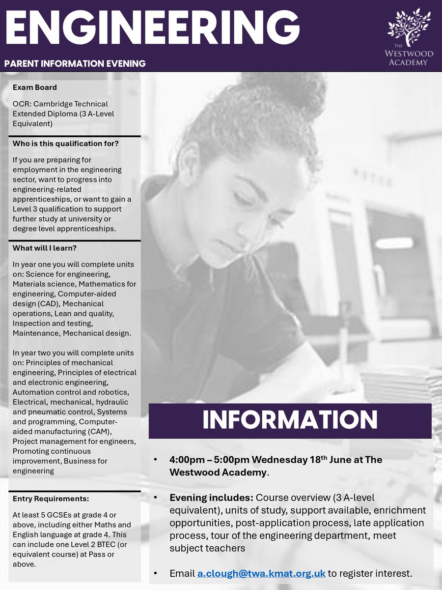 Engineering Parent information evening - Wednesday 18th June 4:00 - 5:00pm.