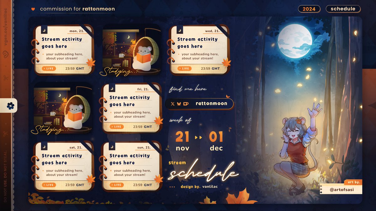 ⟦🍁 — stream schedule ⟧
 • •  for  @/rattonmoon 🌙

♡ + ↻ appreciated! ✧˖°.

thank you for trusting me!
— #vgencomm #vtuberassets
