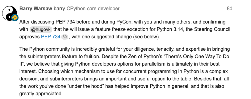 Python潮流周刊第106期 🚀Python 3.14将支持多解释器，这个版本更值得期待了！
🔥 多解释器PEP-734让Python告别GIL束缚
🎨 纯Python构建美观界面，无需CSS也能做出响应式设计
🤖 智能体生态爆发-AI智能体工程师、OpenAI多智能体框架、开源Manus、WebAgent信息检索智能体
xiaobot.net/post/e3fa4adf-…