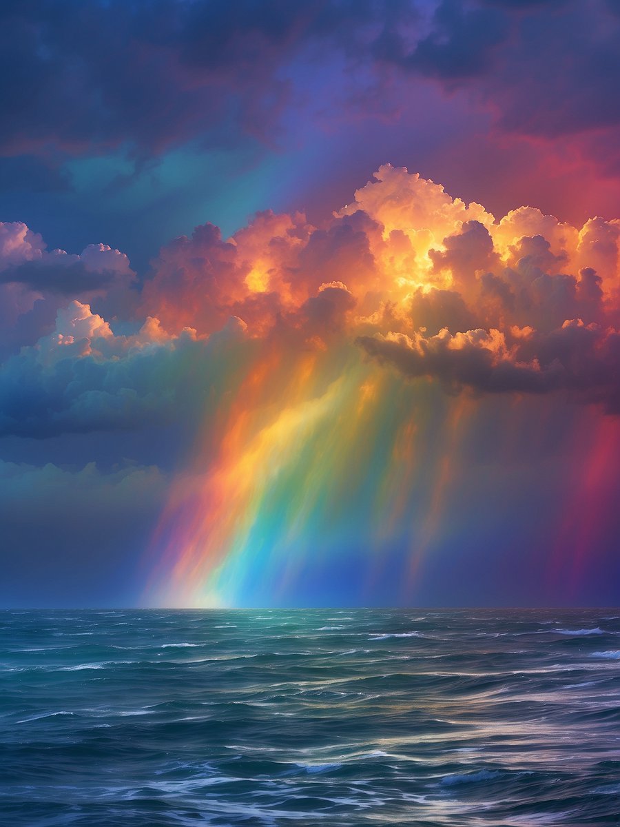 The rain falling over the rainbow creates a mesmerizing display of color and light, a truly magical sight to see