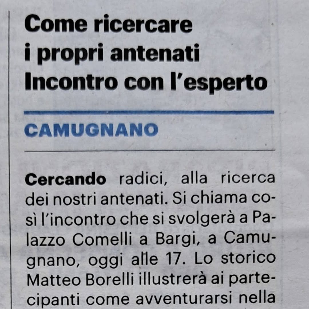Su 𝑰𝒍 𝑹𝒆𝒔𝒕𝒐 𝒅𝒆𝒍 𝑪𝒂𝒓𝒍𝒊𝒏𝒐 - 𝑩𝒐𝒍𝒐𝒈𝒏𝒂 di oggi, 14 giugno: 

𝐂𝐨𝐦𝐞 𝐫𝐢𝐜𝐞𝐫𝐜𝐚𝐫𝐞 𝐢 𝐩𝐫𝐨𝐩𝐫𝐢 𝐚𝐧𝐭𝐞𝐧𝐚𝐭𝐢. 𝐈𝐧𝐜𝐨𝐧𝐭𝐫𝐨 𝐜𝐨𝐧 𝐥'𝐞𝐬𝐩𝐞𝐫𝐭𝐨 (di 𝐹𝑎𝑏𝑖𝑜 𝑀𝑎𝑟𝑐ℎ𝑖𝑜𝑛𝑖).

 #antenati #genealogia #cercandoradici