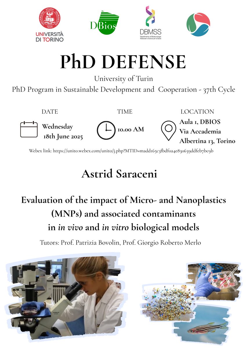 @DBIOSUnito (@dbiosunito) on Twitter photo Mercoledì 18 giugno ore 10 aula 1 DBIOS, Astrid Saraceni (PhD in Sustainable Development and Cooperation) discuterà la tesi di Dottorato "Evaluation of the impact of Micro- and Nanoplastics (MNPs) and associated contaminants in in vivo and in vitro biological models"
<a href="/unito/">Università di Torino</a> Mercoledì 18 giugno ore 10 aula 1 DBIOS, Astrid Saraceni (PhD in Sustainable Development and Cooperation) discuterà la tesi di Dottorato "Evaluation of the impact of Micro- and Nanoplastics (MNPs) and associated contaminants in in vivo and in vitro biological models"
<a href="/unito/">Università di Torino</a>