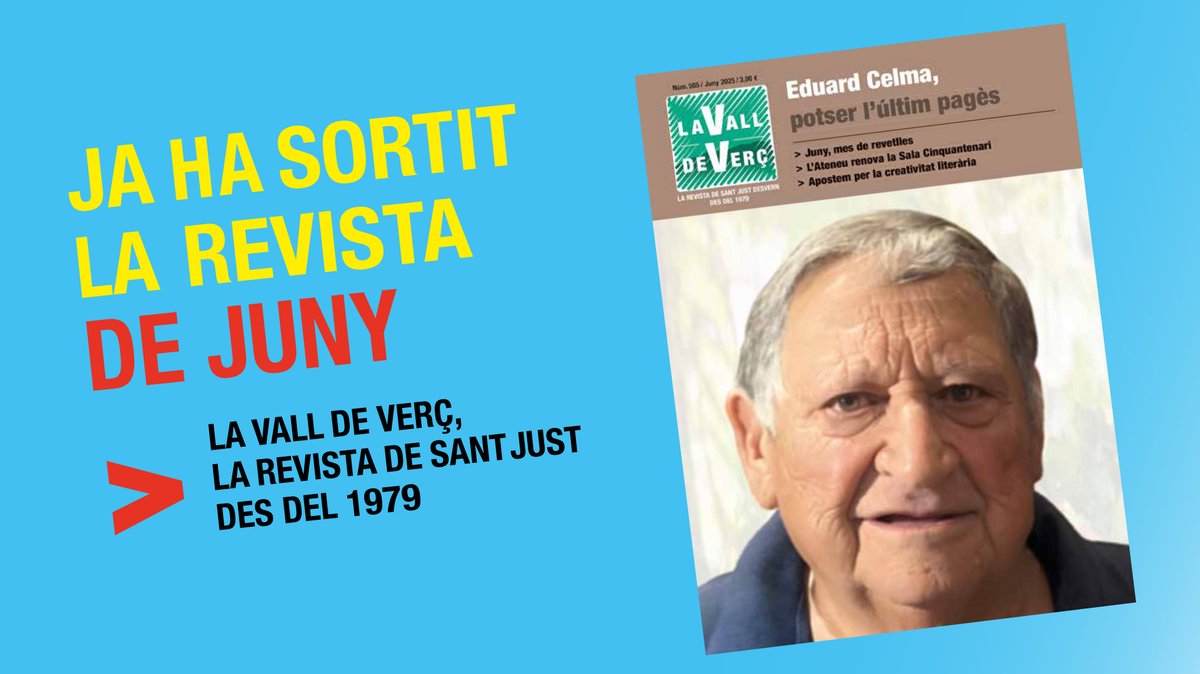 La Vall de Verç (@lavalldeverc) on Twitter photo Ja està disponible l'edició 505 de La Vall de Verç. Subscriu-te, o adquireix-la als llocs habituals: Cal Llibreter, L'Escrivà, Margarita o Quiosc Mallola
#SantJust
<a href="/radiodesvern/">Ràdio Desvern</a>
<a href="/Cal_Llibreter/">Cal Llibreter</a> Ja està disponible l'edició 505 de La Vall de Verç. Subscriu-te, o adquireix-la als llocs habituals: Cal Llibreter, L'Escrivà, Margarita o Quiosc Mallola
#SantJust
<a href="/radiodesvern/">Ràdio Desvern</a>
<a href="/Cal_Llibreter/">Cal Llibreter</a>