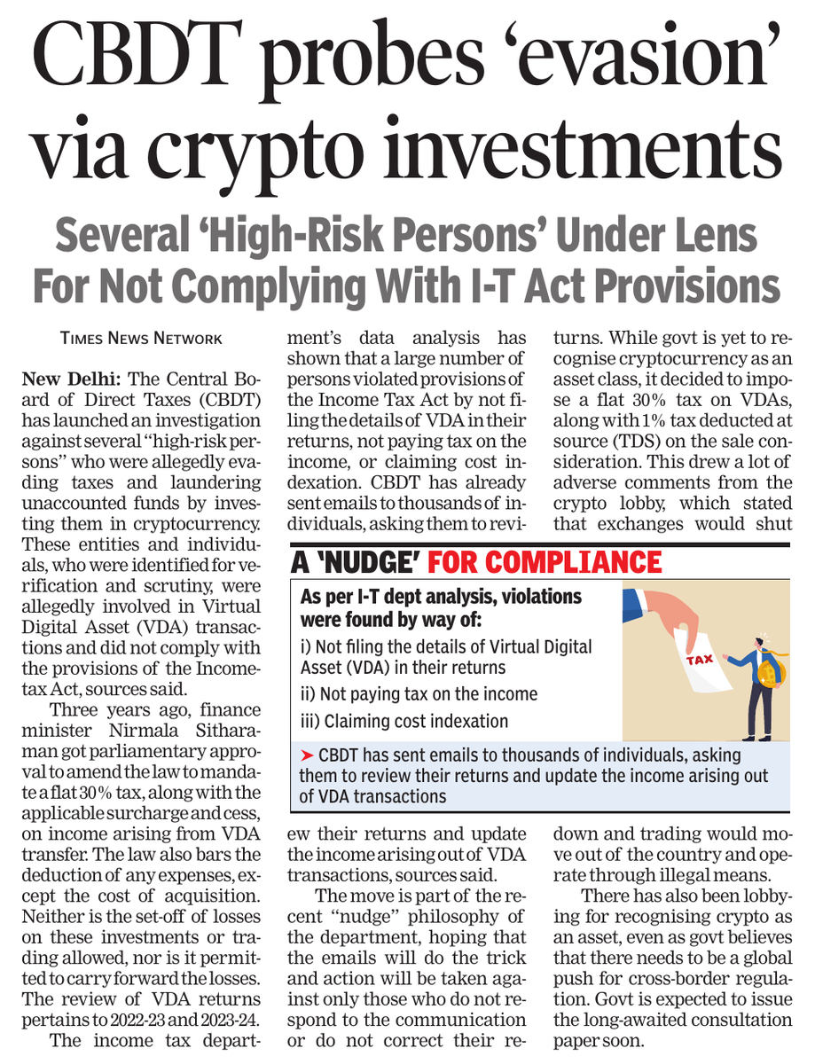 CBDT has launched a probe into high-risk individuals for tax evasion and  money laundering through crypto investments, focusing on non-disclosure and  non-payment of taxes on Virtual Digital Assets (VDAs). Thousands have been