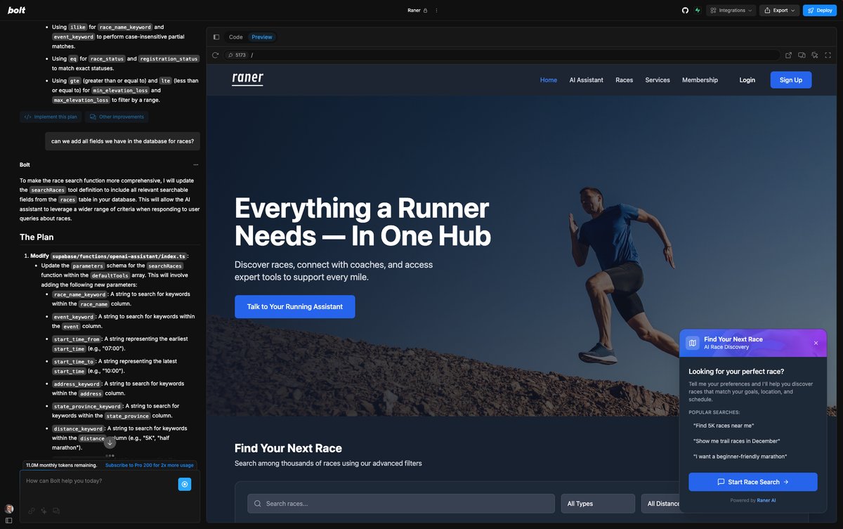 vibecoding_ca's tweet image. 🚀 We’re building Raner — the AI-powered platform for runners.

Big thanks to @boltdotnew and @EricSimons for letting us be part of the world’s largest hackathon — it’s amazing what we’ve achieved in just a few days using Bolt! 💥

#BoltHackathon