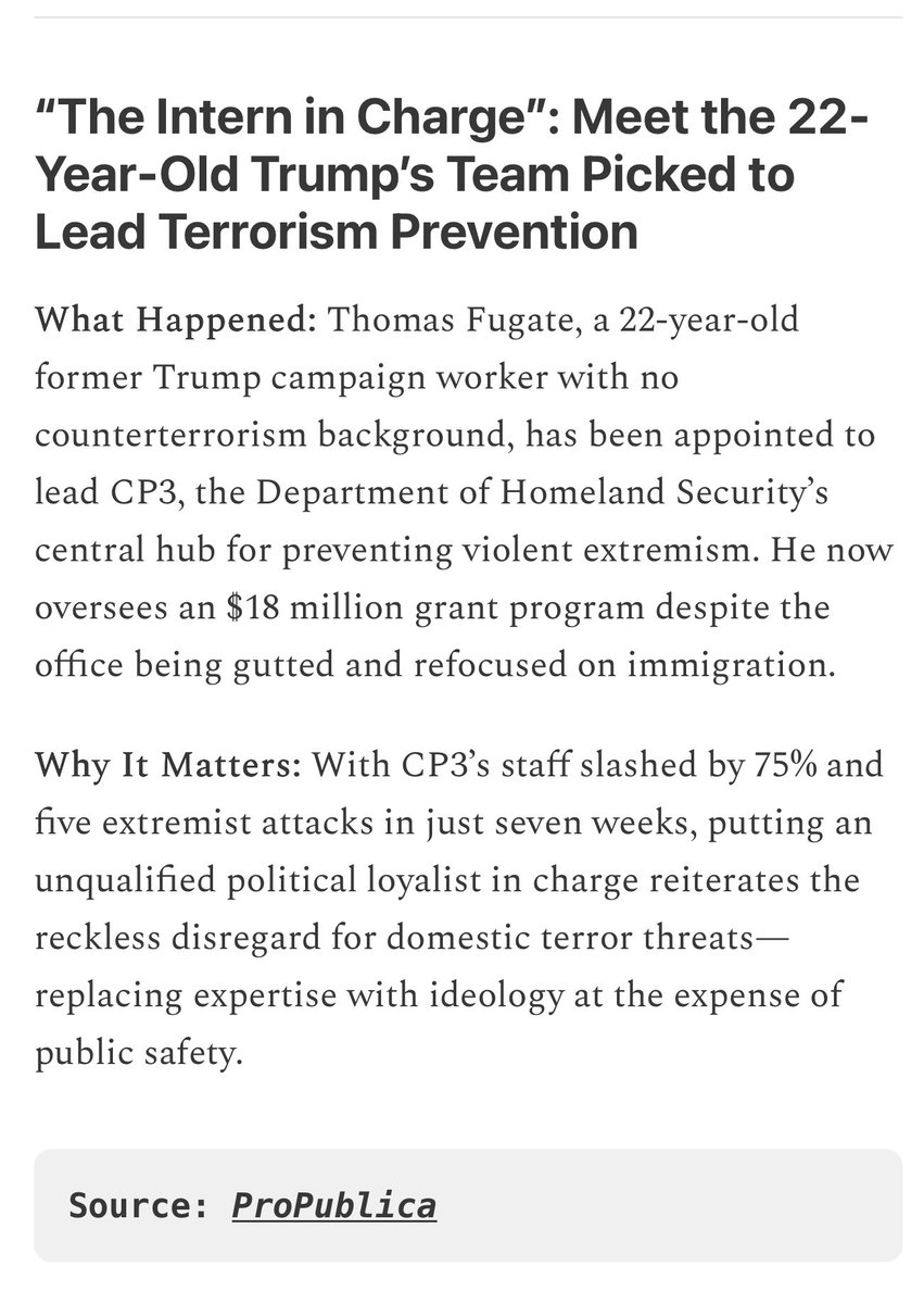 Just listened to a CNN segment that Iran could activate its cells in the U.S. to carry out attacks. And my thoughts immediately went to Trump not only shifting counterterrorism units to immigration but putting a 22 year, whose experience includes assistant in a grocery stores, in