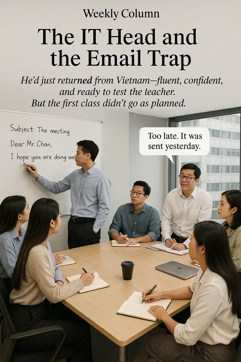 Michael30303521's tweet image. He tried to sabotage the first class—armed with fluency, not clarity.
But I’d seen this setup before.
📘 The IT Head and the Email Trap is now Chapter 1 of my upcoming book The English Room.

Read the full story on Facebook:
facebook.com/mike.liu.940/p…

#TheEnglishRoom #WeeklyColumn