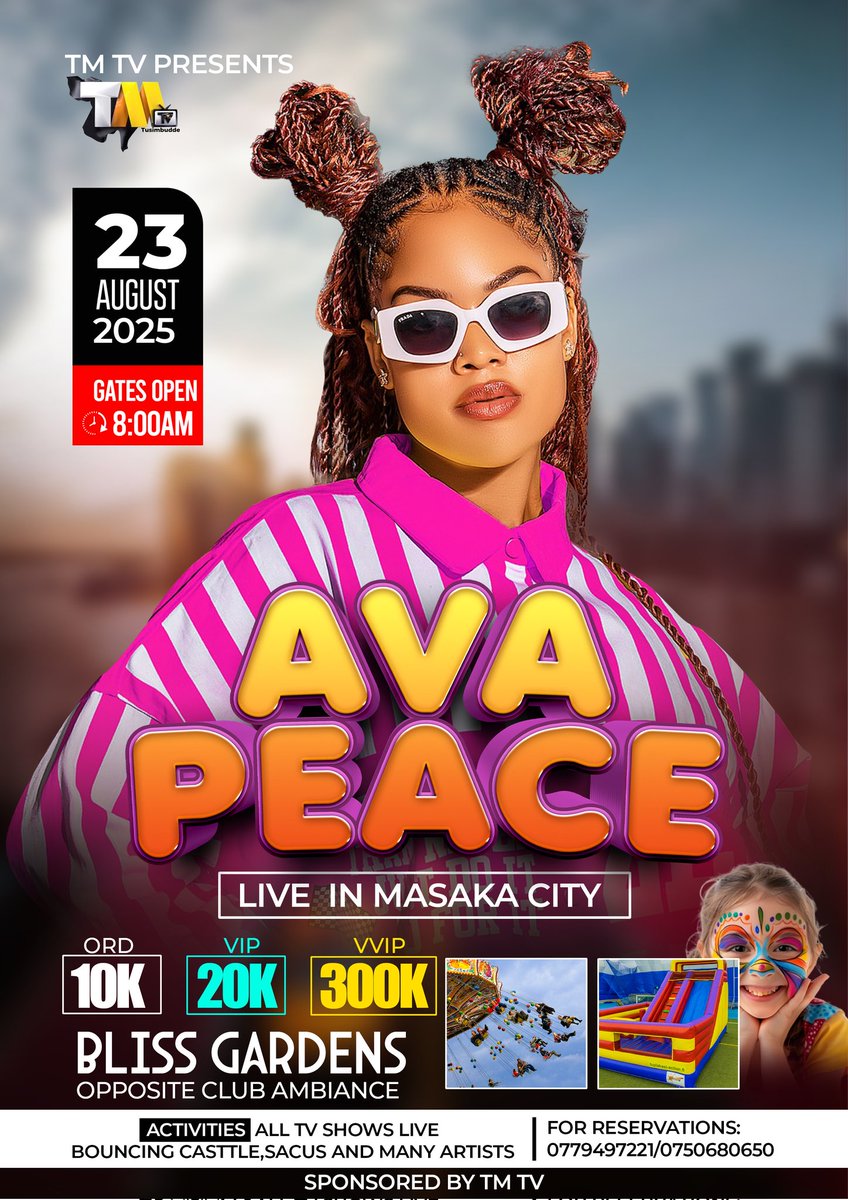 "Get ready for an unforgettable night with Ava Peace live in concert at Bliss Gardens, opposite Ambiance in Masaka City!
<a href="/avapeace_1/">Ava Peace</a>