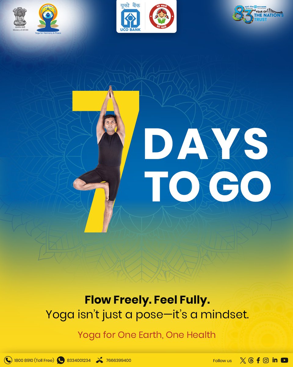 🧘‍♂️ Just 7 Days to Go!
Get ready to unite mind, body &amp; soul with the power of yoga.
Flow Freely. Feel Fully.
Yoga isn’t just a pose—it’s a mindset.

🌍 Yoga for One Earth, One Health
Join us in the countdown to International Yoga Day and embrace wellness with every breath.