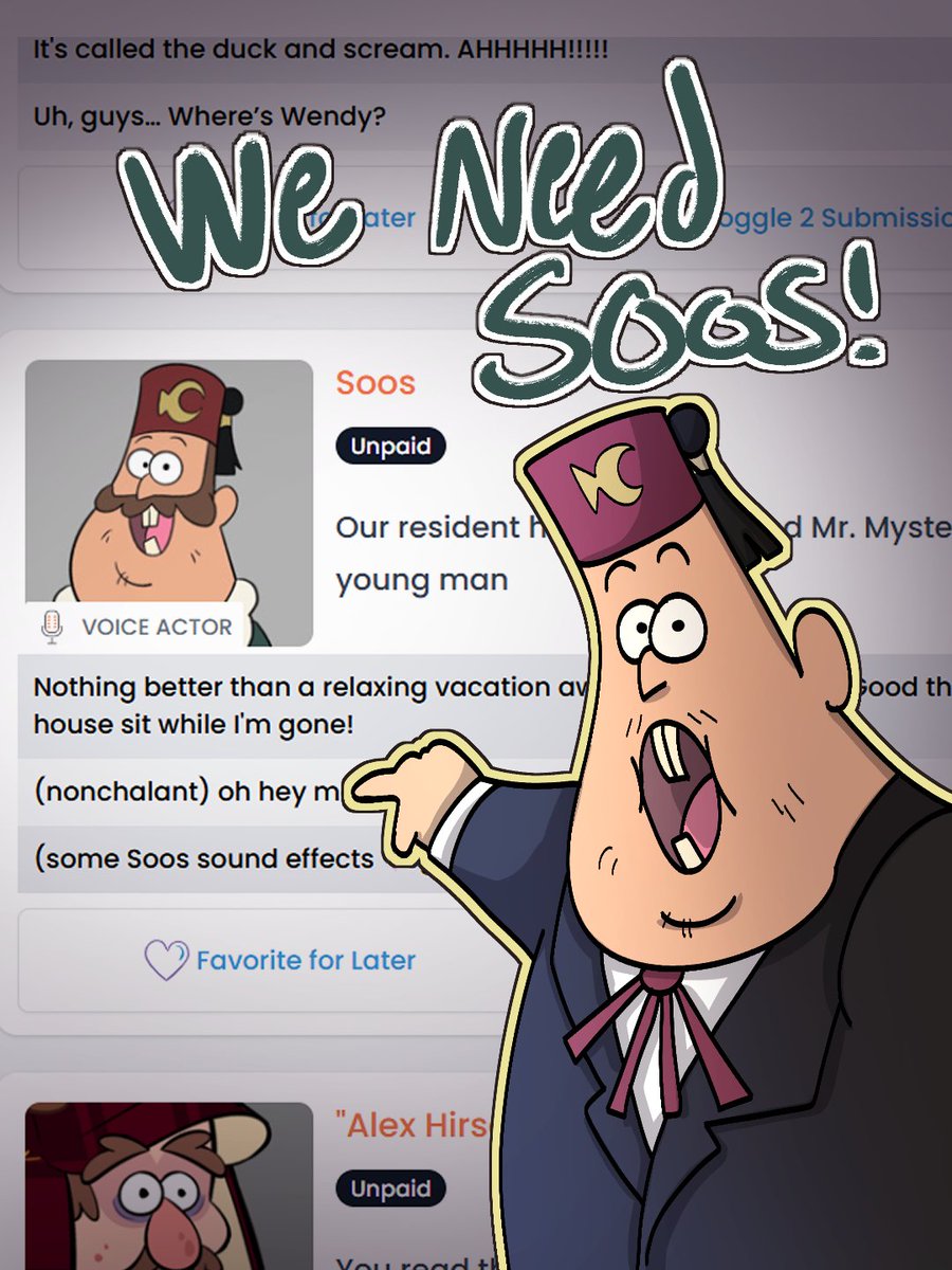 RACE AGAINST SLIME - A GRAVITY FALLS FAN EPISODE (@gf_raceagainst) on Twitter photo A wild Soos has appeared!
Do you have what it takes to voice Soos, or any other Gravity Falls Character? New auditions just opened up, so jump in while you can!
You have until the 30th to Soos it up❗️
#gfraceagainstslime #gravityfalls
art by: <a href="/fuzzylilly1/">Fuzzylilly1 🍉</a> ! A wild Soos has appeared!
Do you have what it takes to voice Soos, or any other Gravity Falls Character? New auditions just opened up, so jump in while you can!
You have until the 30th to Soos it up❗️
#gfraceagainstslime #gravityfalls
art by: <a href="/fuzzylilly1/">Fuzzylilly1 🍉</a> !