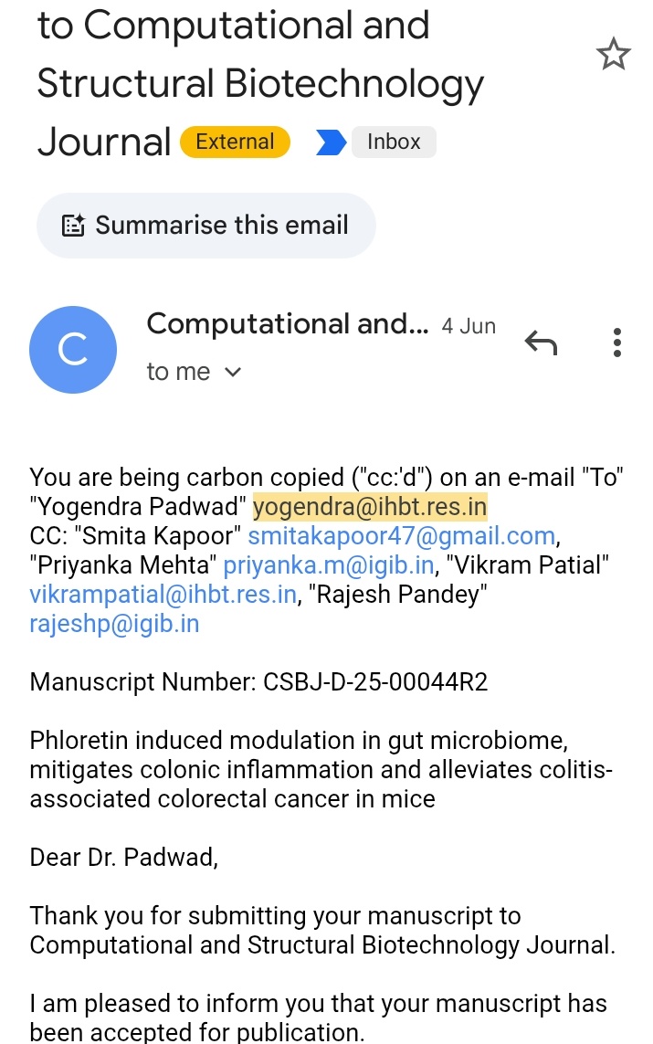 INtegrative GENomics of HOst-PathogEn Lab (@rajeshpandeylab) on Twitter photo Some stories take long to come into public domain but perseverance makes it possible. Recent publication highlights role of Phloretin in gut Microbiome modulation vis-a-vis colorectal cancer. Thanks <a href="/PriyankaMMehta/">Priyanka Mehta</a> and <a href="/CSIR_IHBT/">CSIR-Institute of Himalayan Bioresource Technology</a> partnership Some stories take long to come into public domain but perseverance makes it possible. Recent publication highlights role of Phloretin in gut Microbiome modulation vis-a-vis colorectal cancer. Thanks <a href="/PriyankaMMehta/">Priyanka Mehta</a> and <a href="/CSIR_IHBT/">CSIR-Institute of Himalayan Bioresource Technology</a> partnership