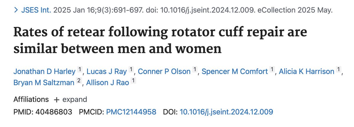 DrBryanSaltzman's tweet photo. Our newly published SR in @JSESMedia Int looked at retear rate after #CuffRepair based on sex:
✅11 studies, 3134 patients (57% female)
✅No difference in retear rates between males/females
✅No PRO differences except 1 study with higher ASES/Constant, lower VAS with males https://t.co/yyOB8aYdv4
