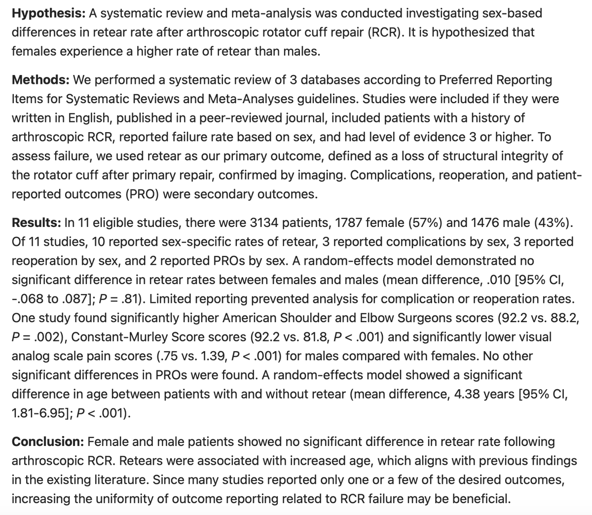 DrBryanSaltzman's tweet photo. Our newly published SR in @JSESMedia Int looked at retear rate after #CuffRepair based on sex:
✅11 studies, 3134 patients (57% female)
✅No difference in retear rates between males/females
✅No PRO differences except 1 study with higher ASES/Constant, lower VAS with males https://t.co/yyOB8aYdv4