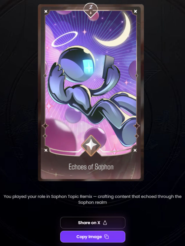 P10475957's tweet photo. Unlocked a new Story Card: "Echoes of Sophon" — earned through a special TGE Airdrop quest during the limited-time event on Zentry X.
"Echoes of Sophon" is stunning and definitely deserves a place in my collection. https://t.co/oyHSe5bZjy